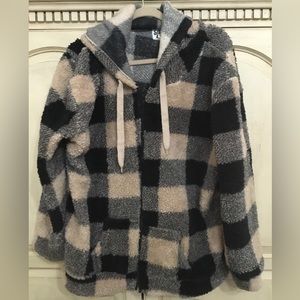 Saturdaze Tan and Black Check Cozy, Oversized Hooded Fleece Lightweight Jacket